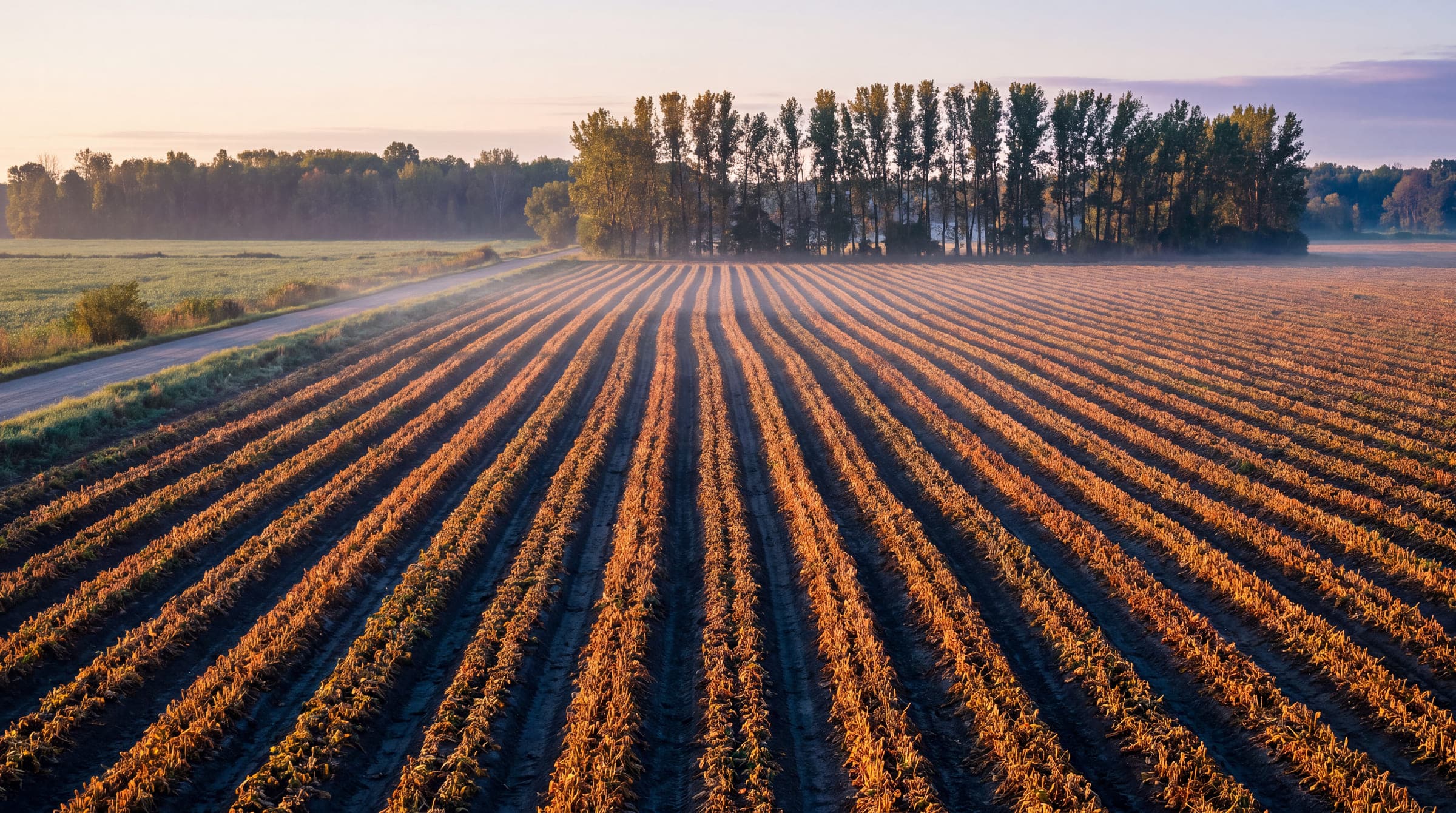 Golden-hour light across harvested farm rows in southern Ontario