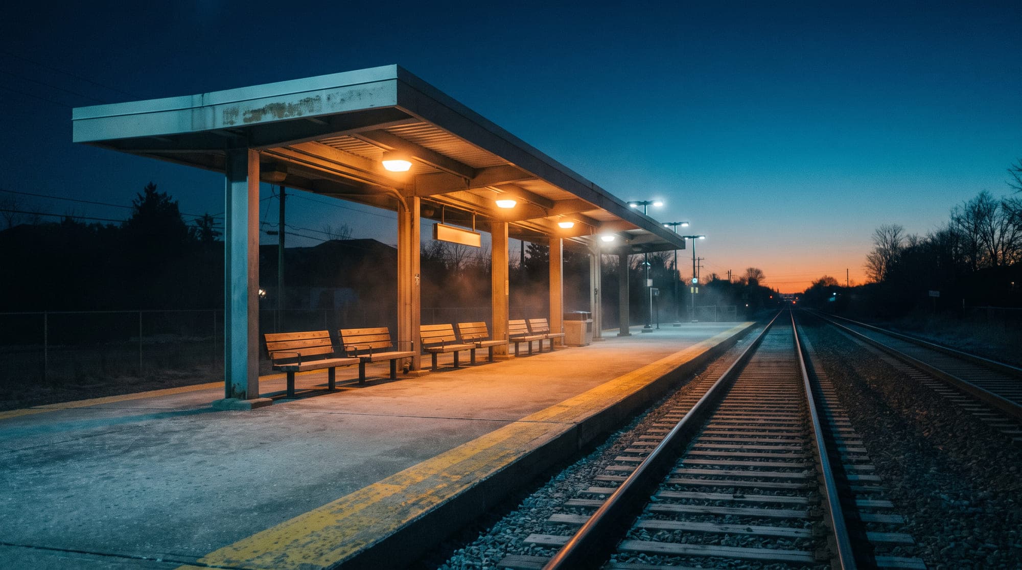 An empty commuter rail platform before dawn with the lamps still lit
