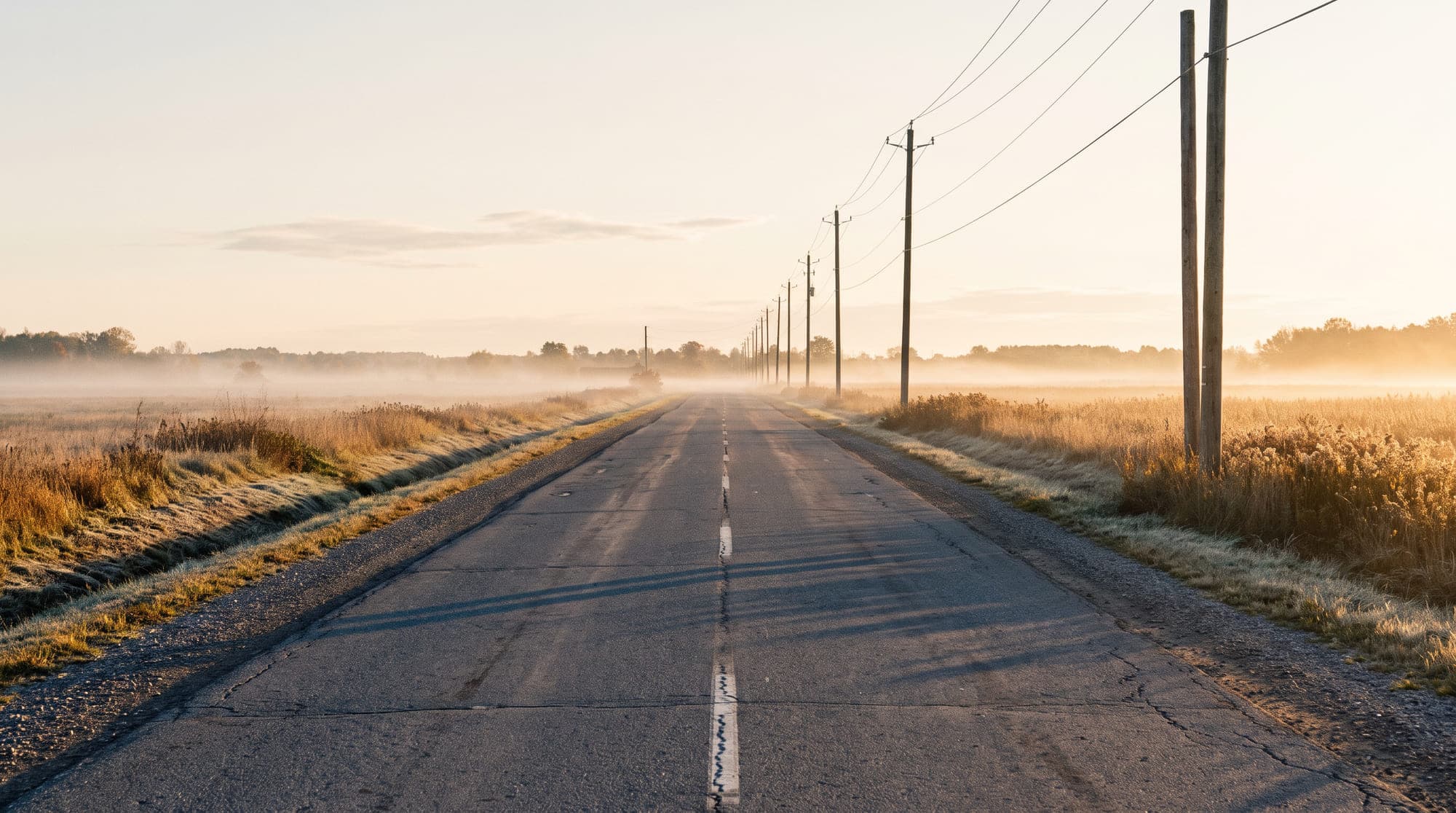 A straight rural road at first light with hydro poles