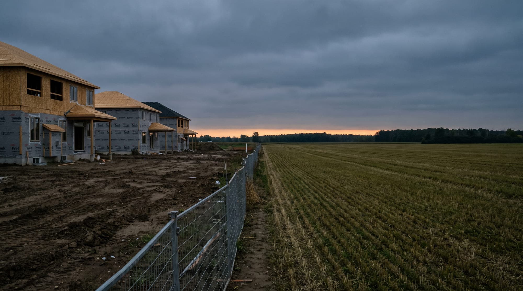 New house framing meeting an open harvested field under an overcast sky