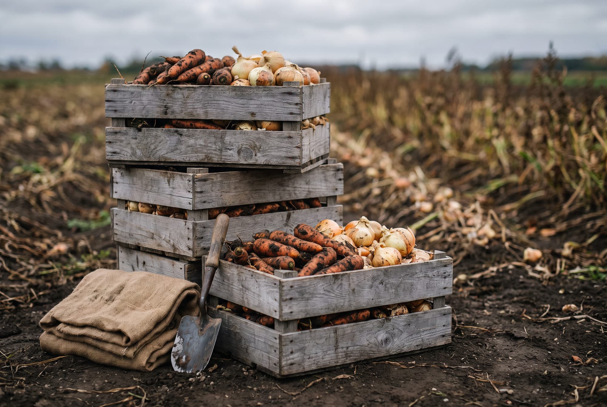 Stacked wooden crates of freshly harvested carrots and onions still carrying dark soil